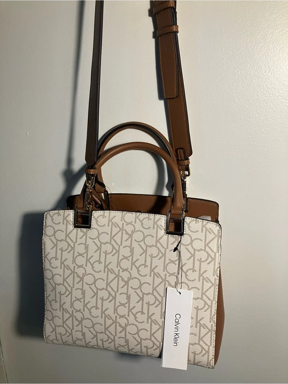 * NWT Calvin Klein Arianne Monogram Triple Compartment Satchel Crossbody Bag